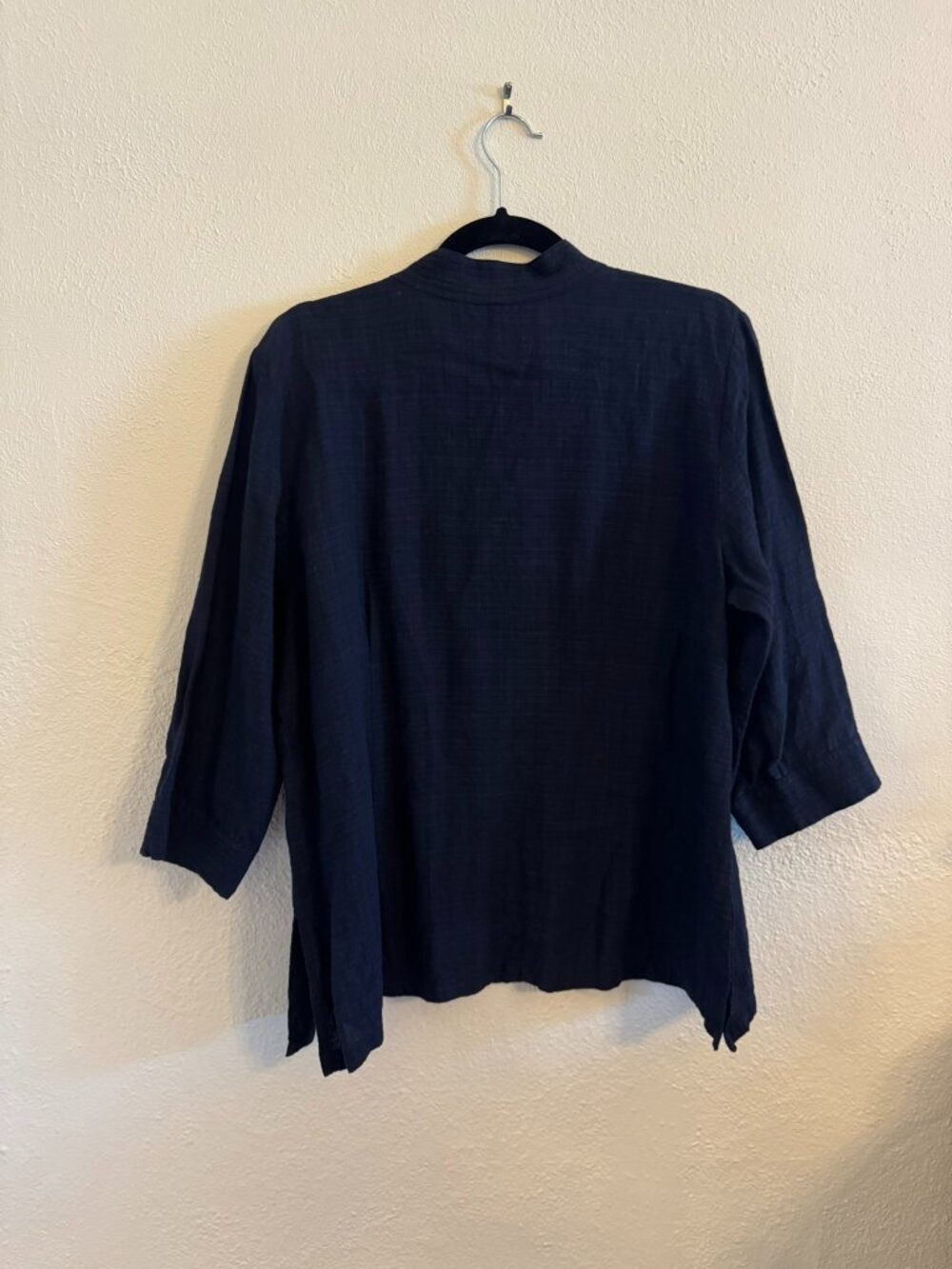 Eileen Fisher Navy Linen Blend Mandarin Collar Shirt | Size Large - Picture 3 of 3